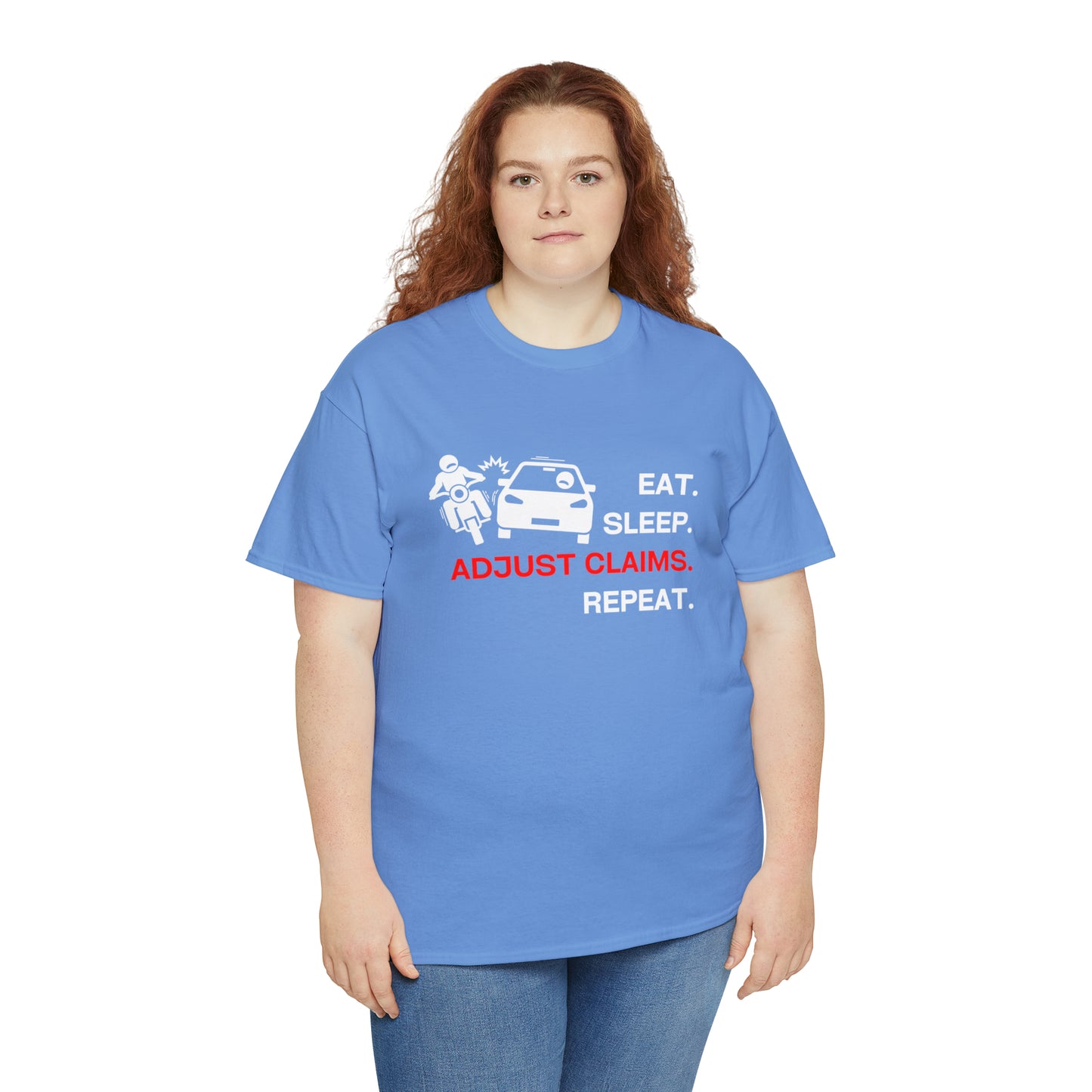 Claims Adjuster (Motorcyclist / Car / White) Unisex Heavy Cotton Tee