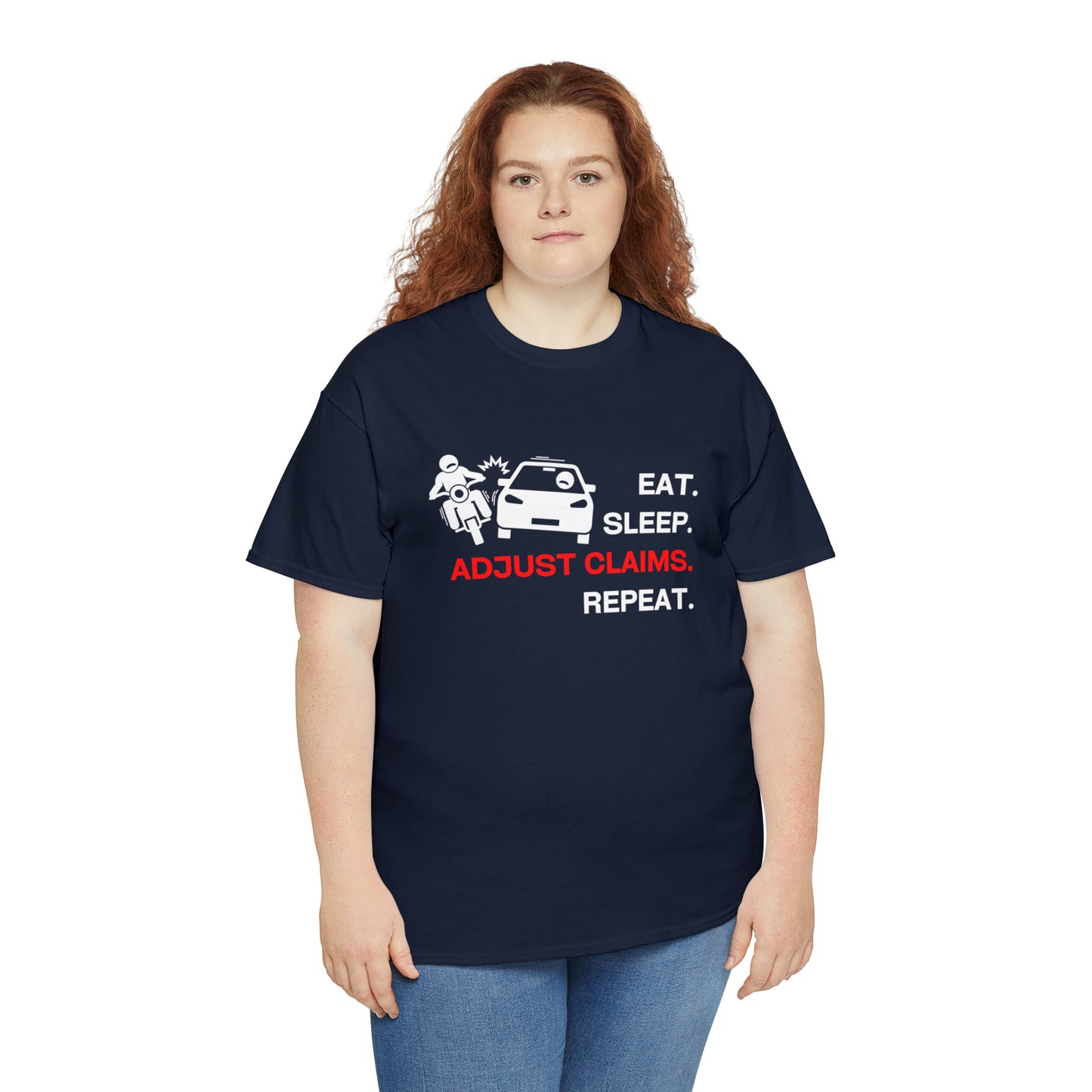 Claims Adjuster (Motorcyclist / Car / White) Unisex Heavy Cotton Tee