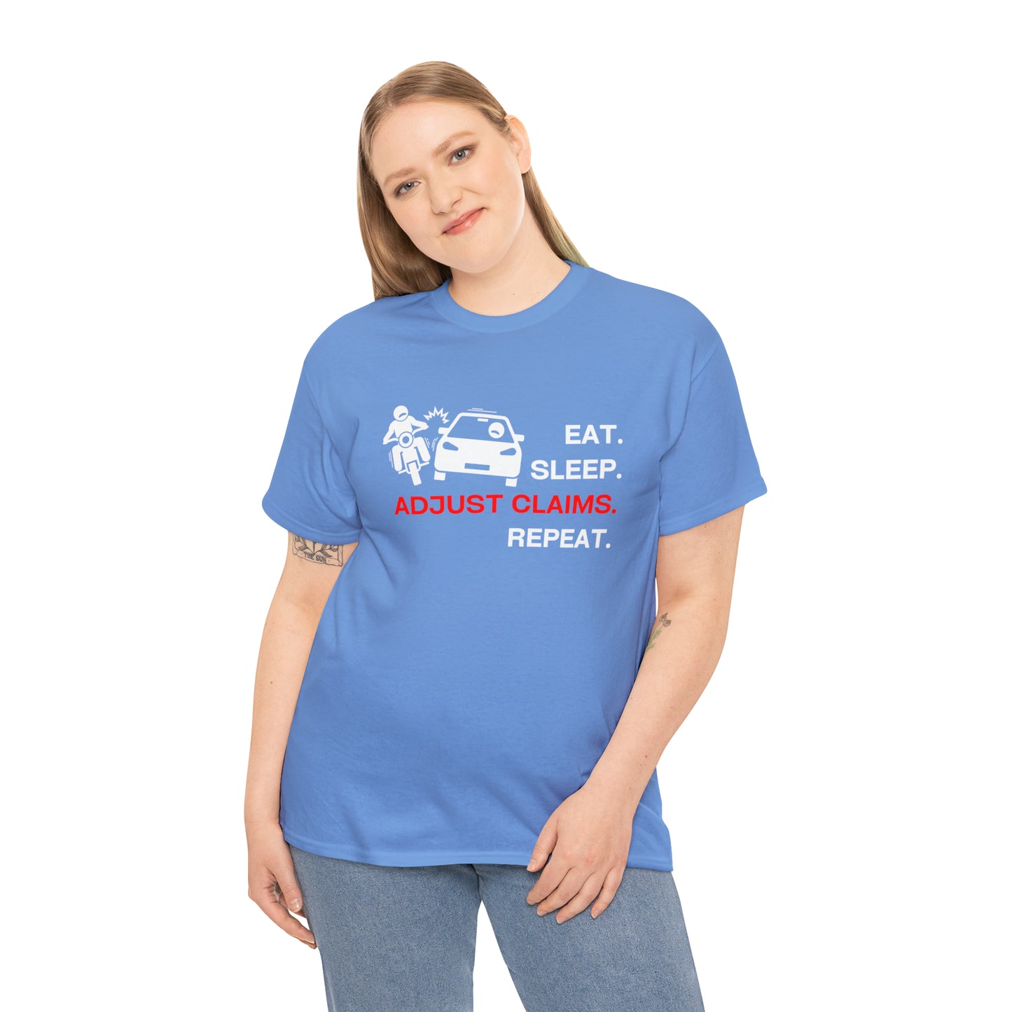 Claims Adjuster (Motorcyclist / Car / White) Unisex Heavy Cotton Tee