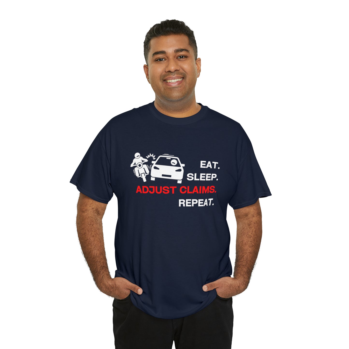 Claims Adjuster (Motorcyclist / Car / White) Unisex Heavy Cotton Tee