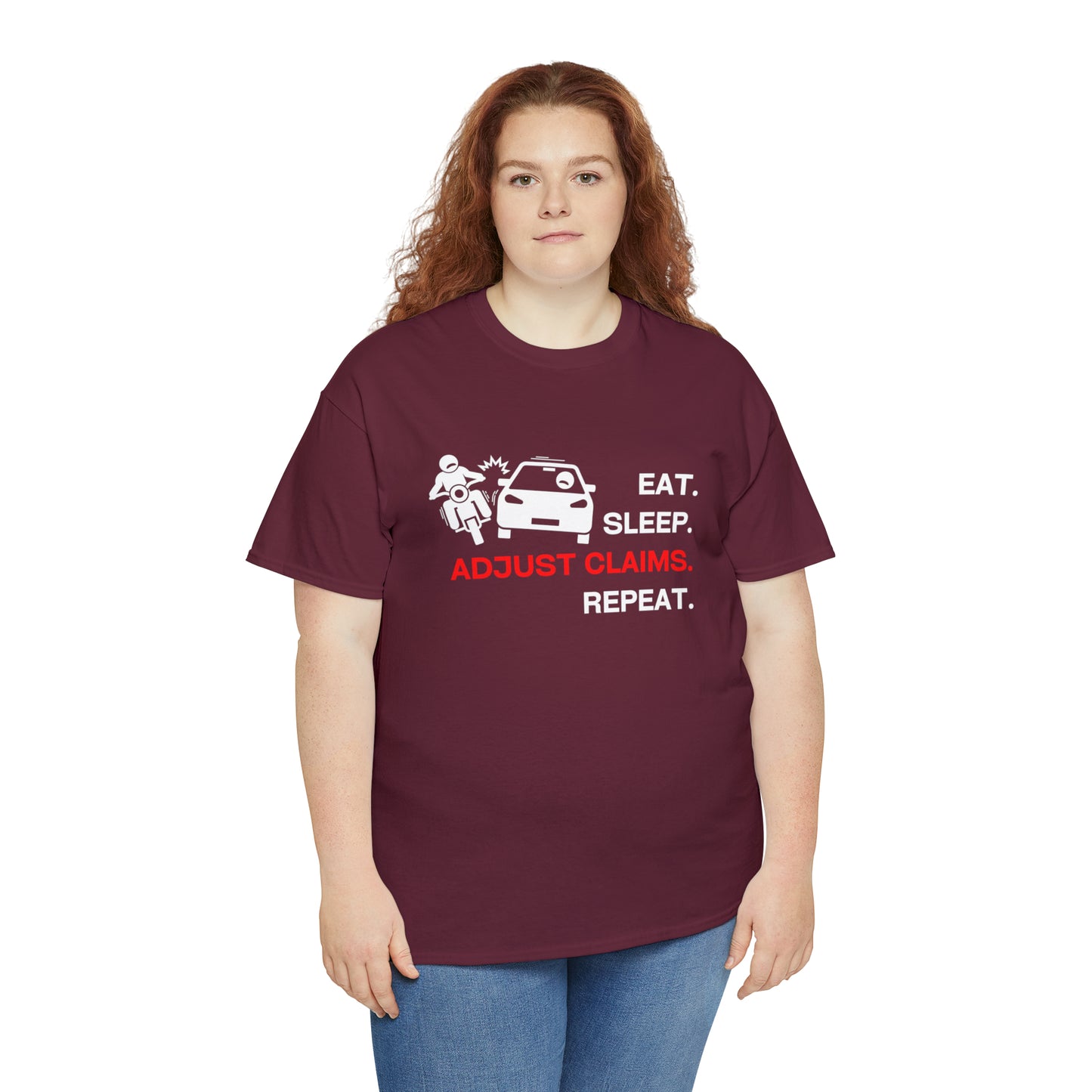 Claims Adjuster (Motorcyclist / Car / White) Unisex Heavy Cotton Tee