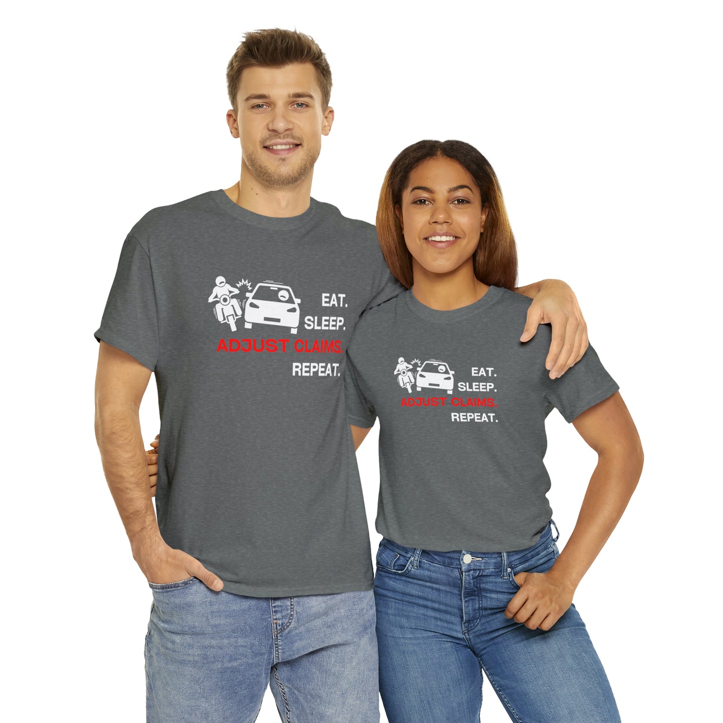Claims Adjuster (Motorcyclist / Car / White) Unisex Heavy Cotton Tee