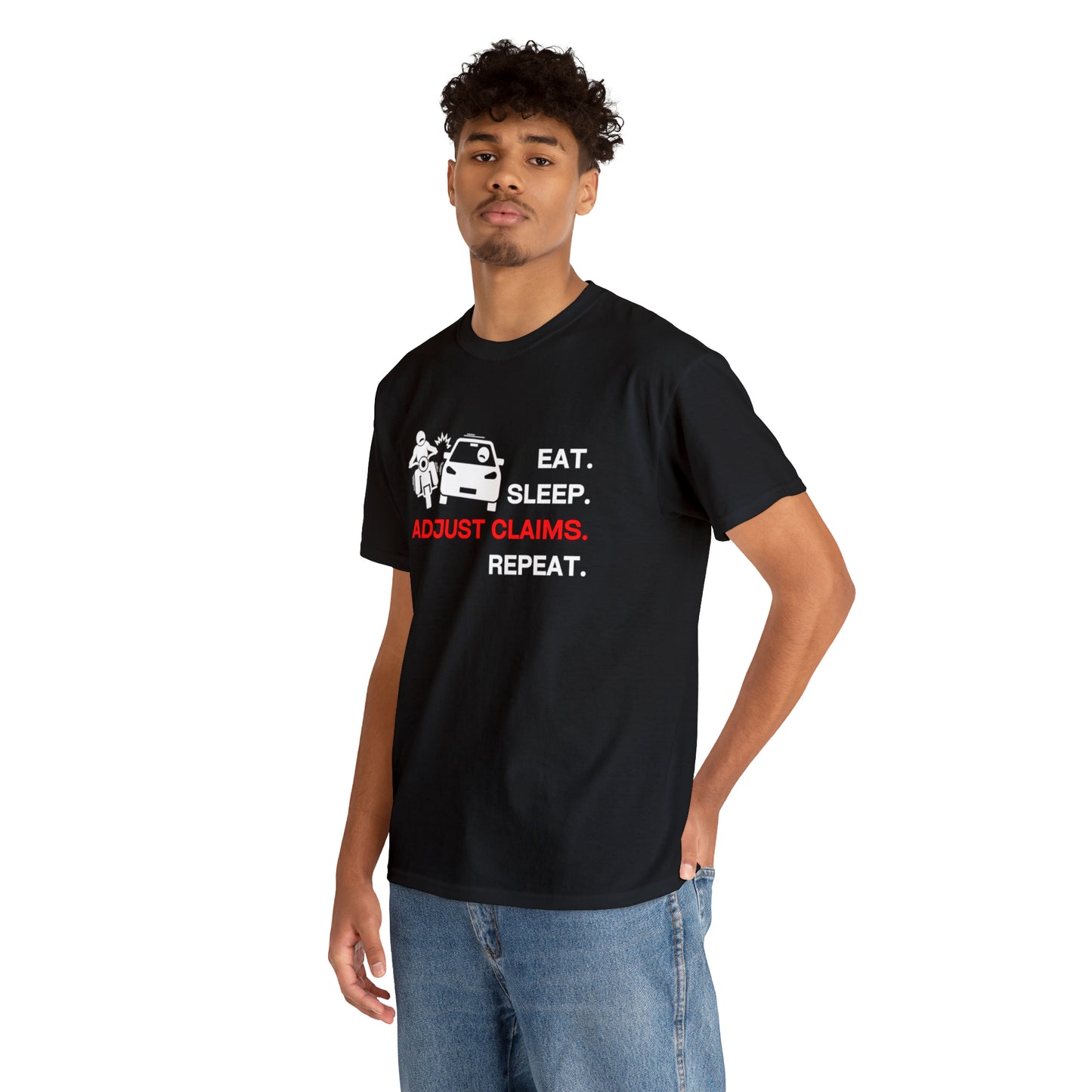 Claims Adjuster (Motorcyclist / Car / White) Unisex Heavy Cotton Tee