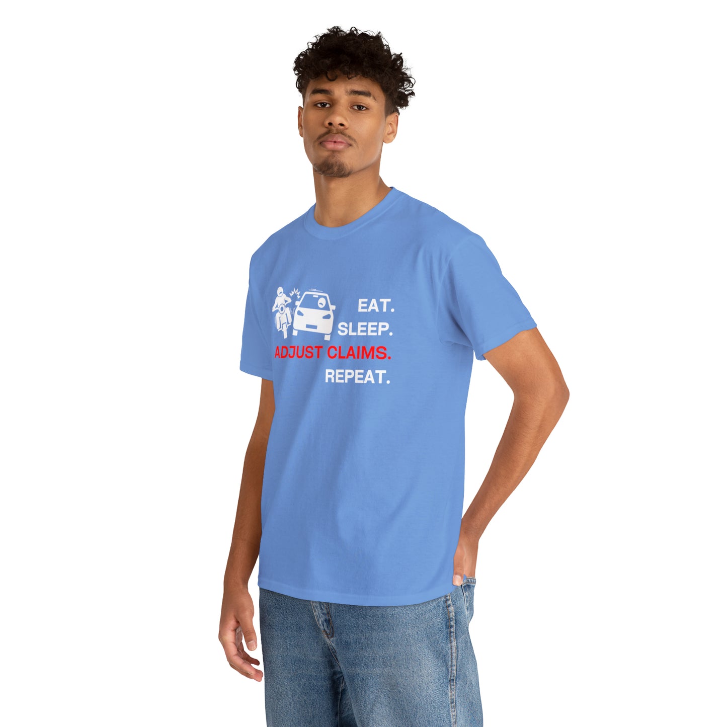 Claims Adjuster (Motorcyclist / Car / White) Unisex Heavy Cotton Tee