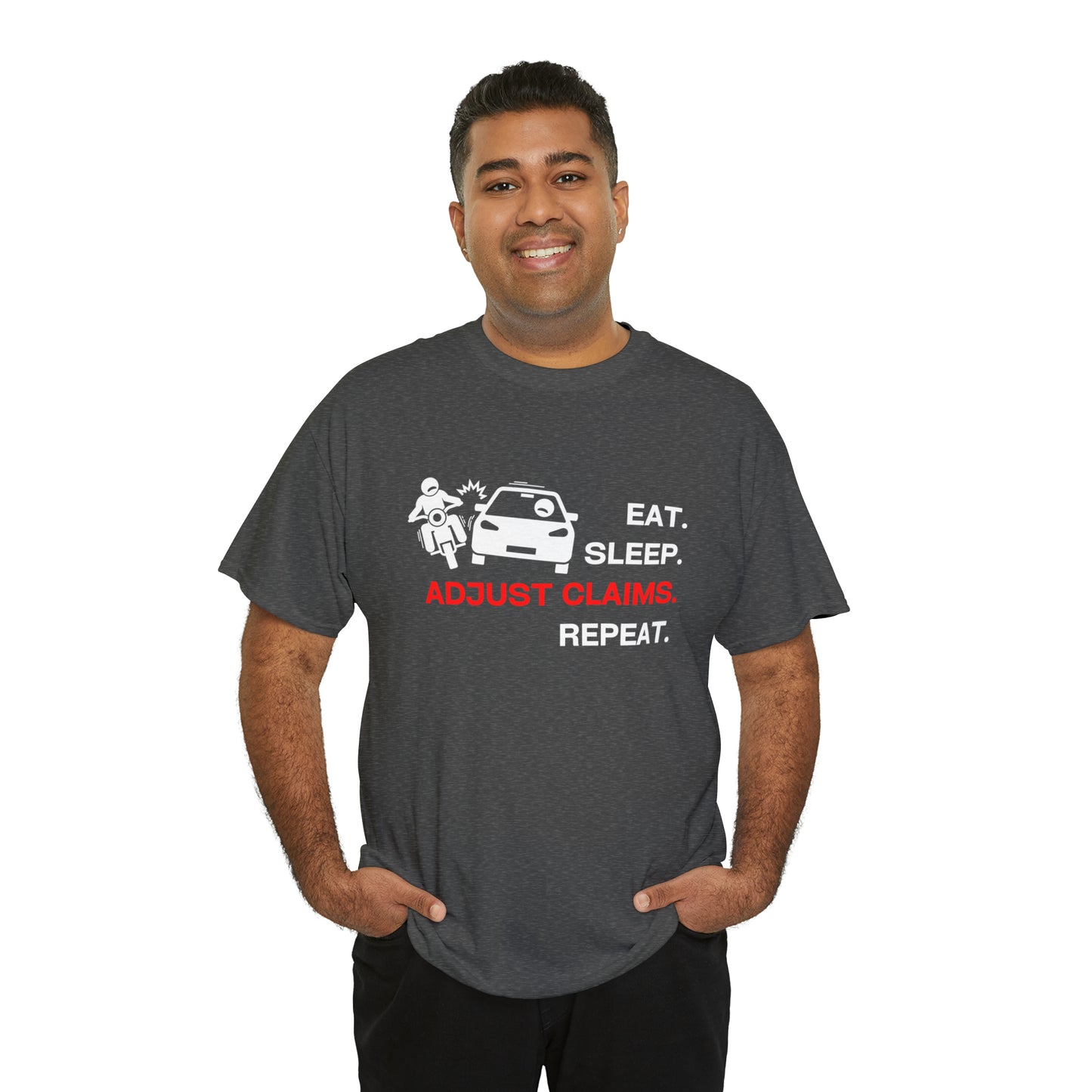 Claims Adjuster (Motorcyclist / Car / White) Unisex Heavy Cotton Tee