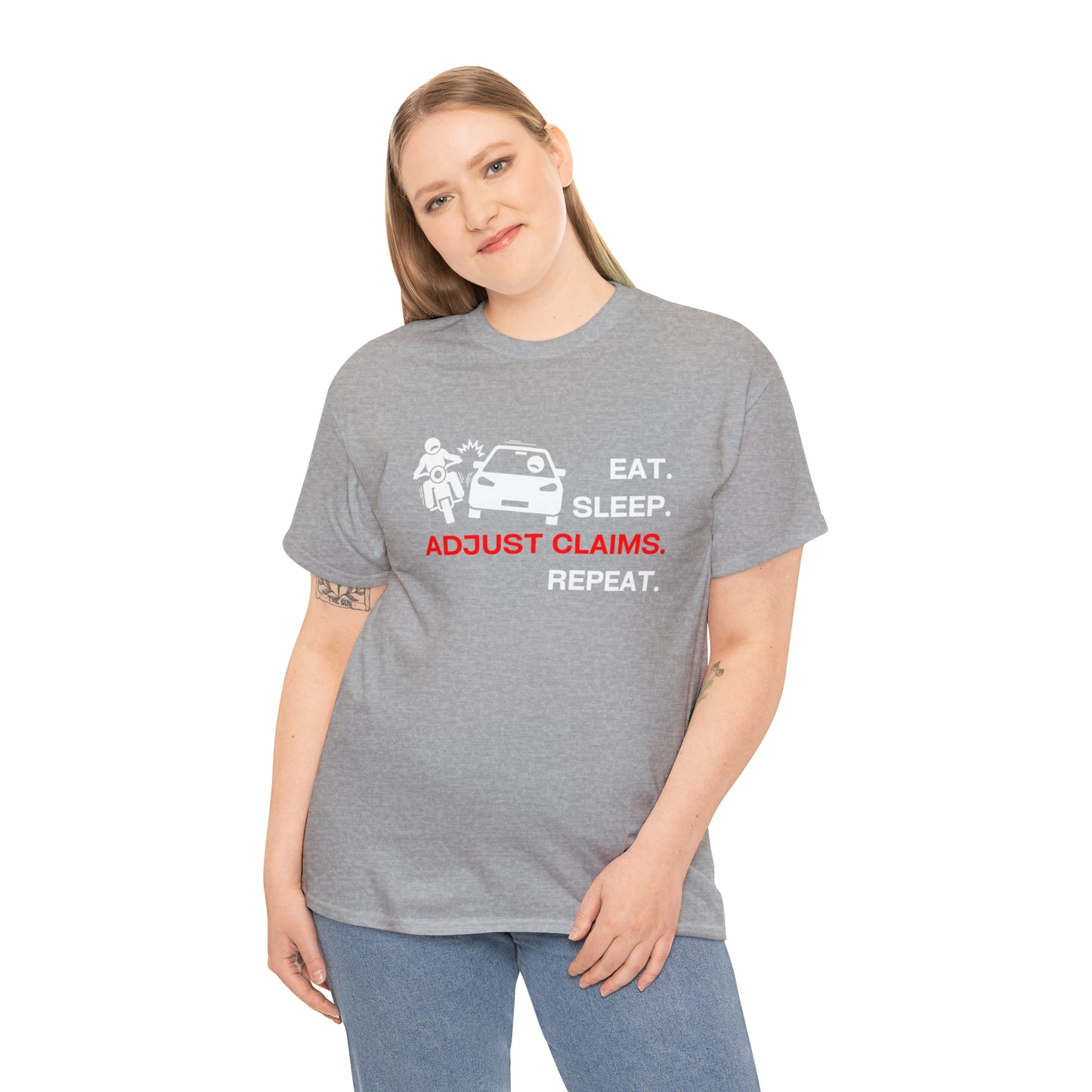 Claims Adjuster (Motorcyclist / Car / White) Unisex Heavy Cotton Tee