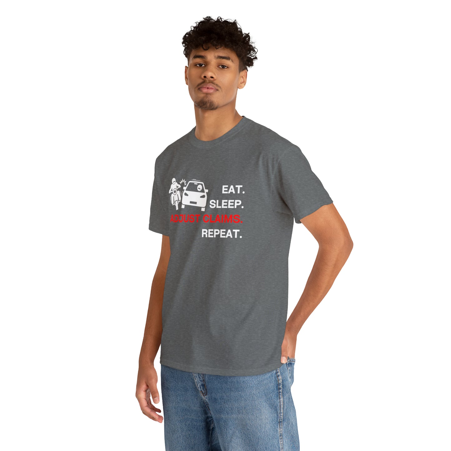 Claims Adjuster (Motorcyclist / Car / White) Unisex Heavy Cotton Tee