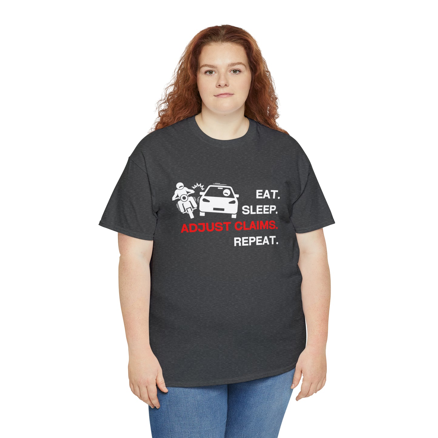 Claims Adjuster (Motorcyclist / Car / White) Unisex Heavy Cotton Tee