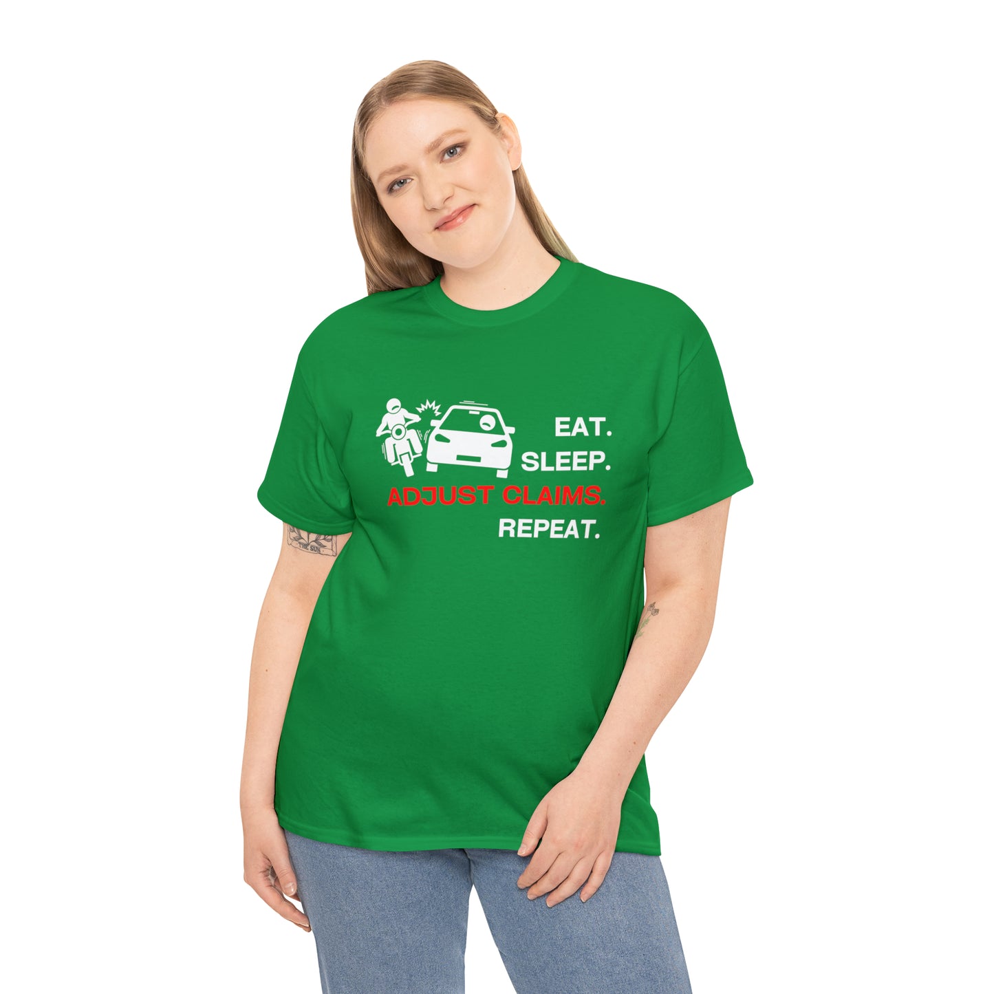 Claims Adjuster (Motorcyclist / Car / White) Unisex Heavy Cotton Tee