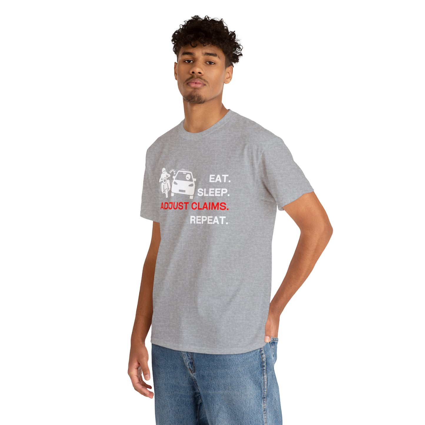Claims Adjuster (Motorcyclist / Car / White) Unisex Heavy Cotton Tee