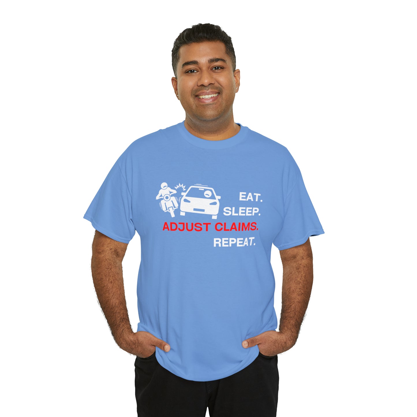 Claims Adjuster (Motorcyclist / Car / White) Unisex Heavy Cotton Tee