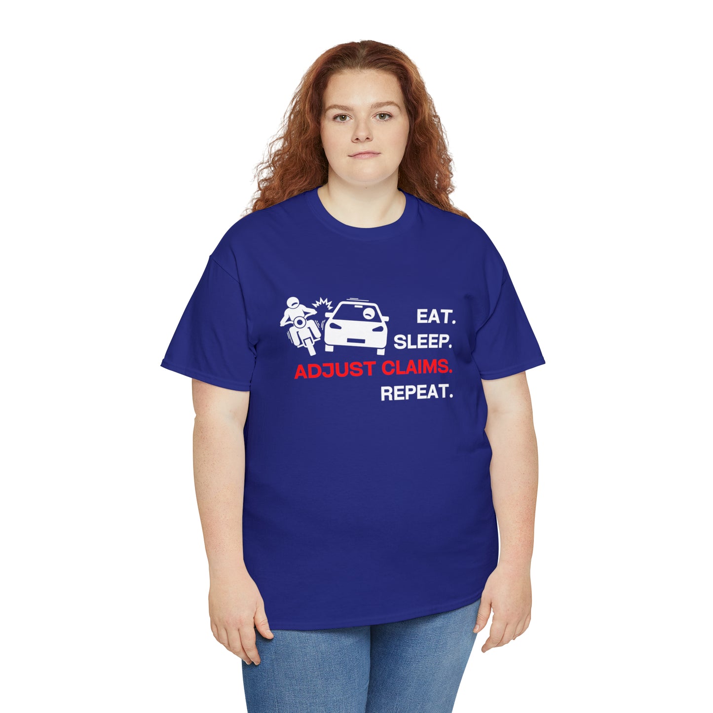 Claims Adjuster (Motorcyclist / Car / White) Unisex Heavy Cotton Tee