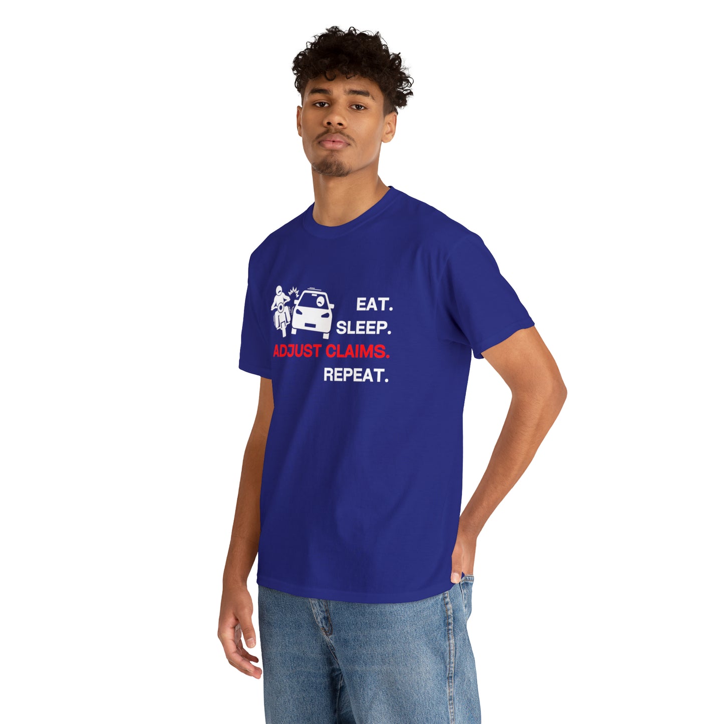Claims Adjuster (Motorcyclist / Car / White) Unisex Heavy Cotton Tee