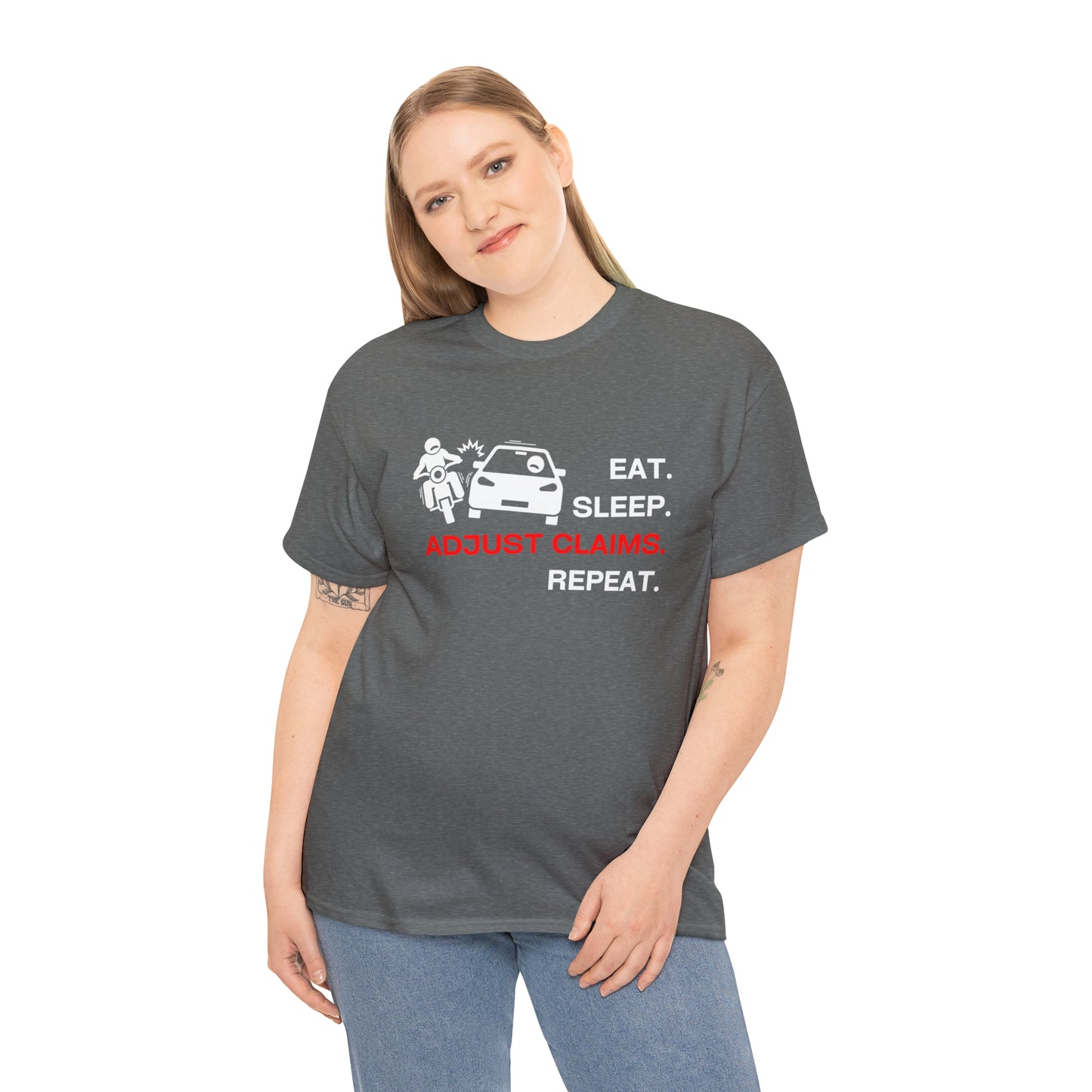 Claims Adjuster (Motorcyclist / Car / White) Unisex Heavy Cotton Tee