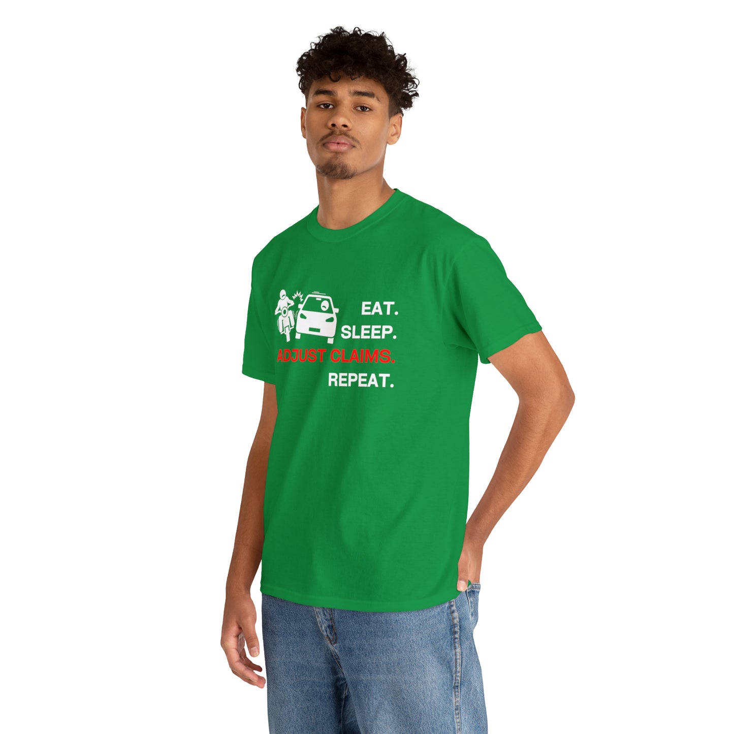Claims Adjuster (Motorcyclist / Car / White) Unisex Heavy Cotton Tee