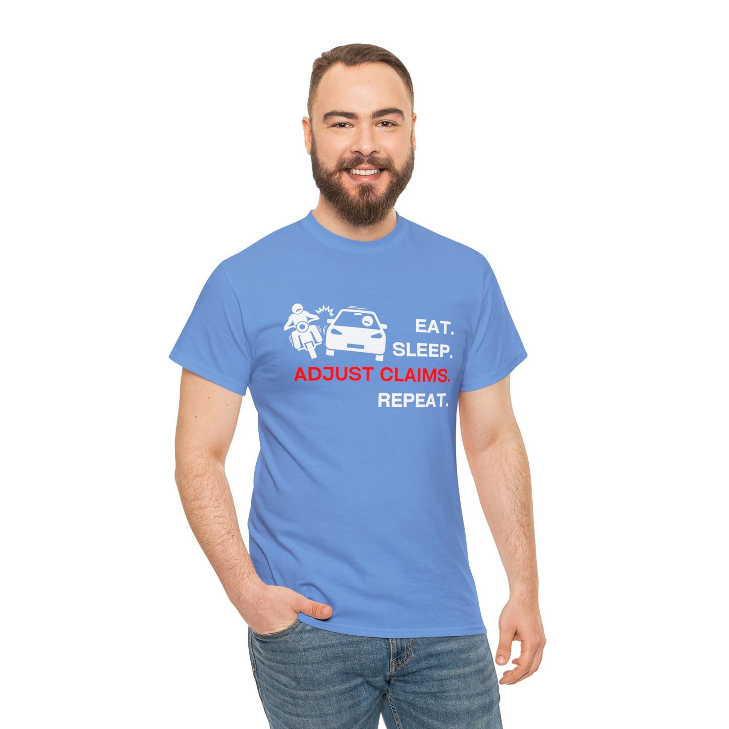 Claims Adjuster (Motorcyclist / Car / White) Unisex Heavy Cotton Tee