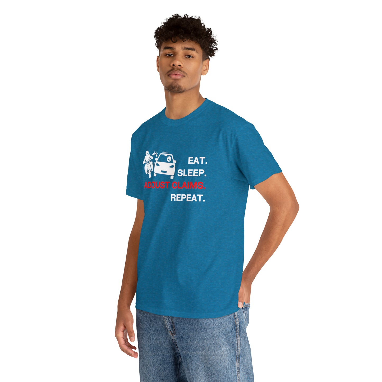 Claims Adjuster (Motorcyclist / Car / White) Unisex Heavy Cotton Tee