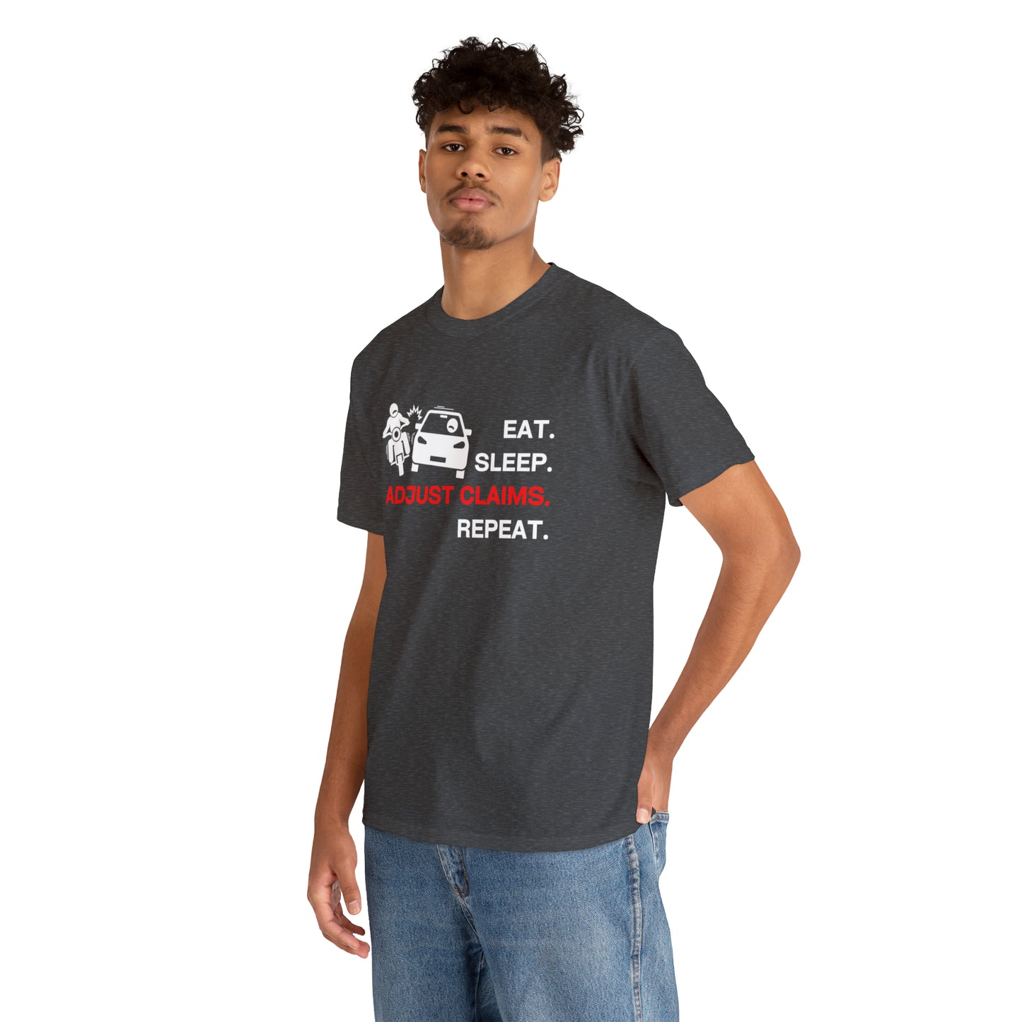Claims Adjuster (Motorcyclist / Car / White) Unisex Heavy Cotton Tee