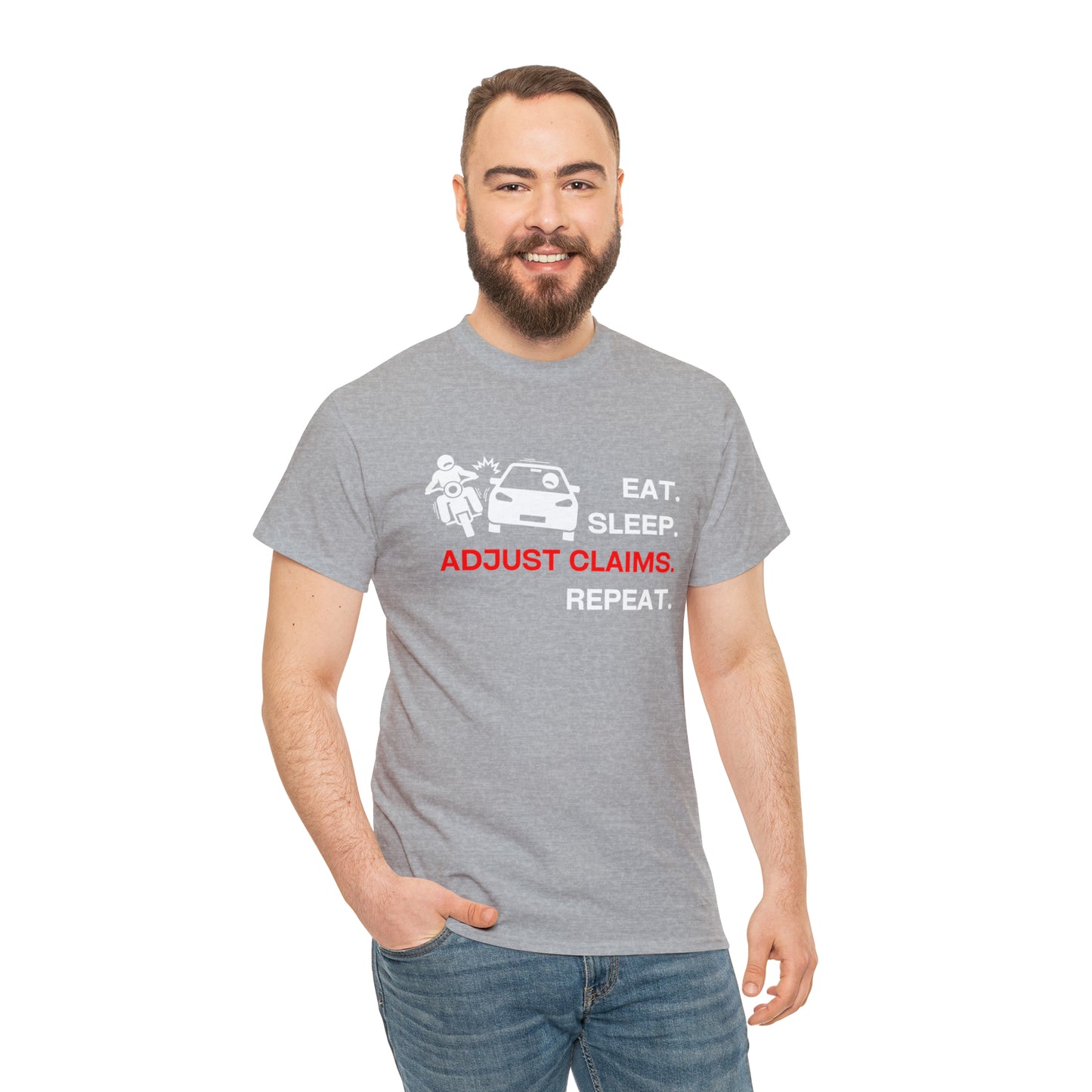 Claims Adjuster (Motorcyclist / Car / White) Unisex Heavy Cotton Tee