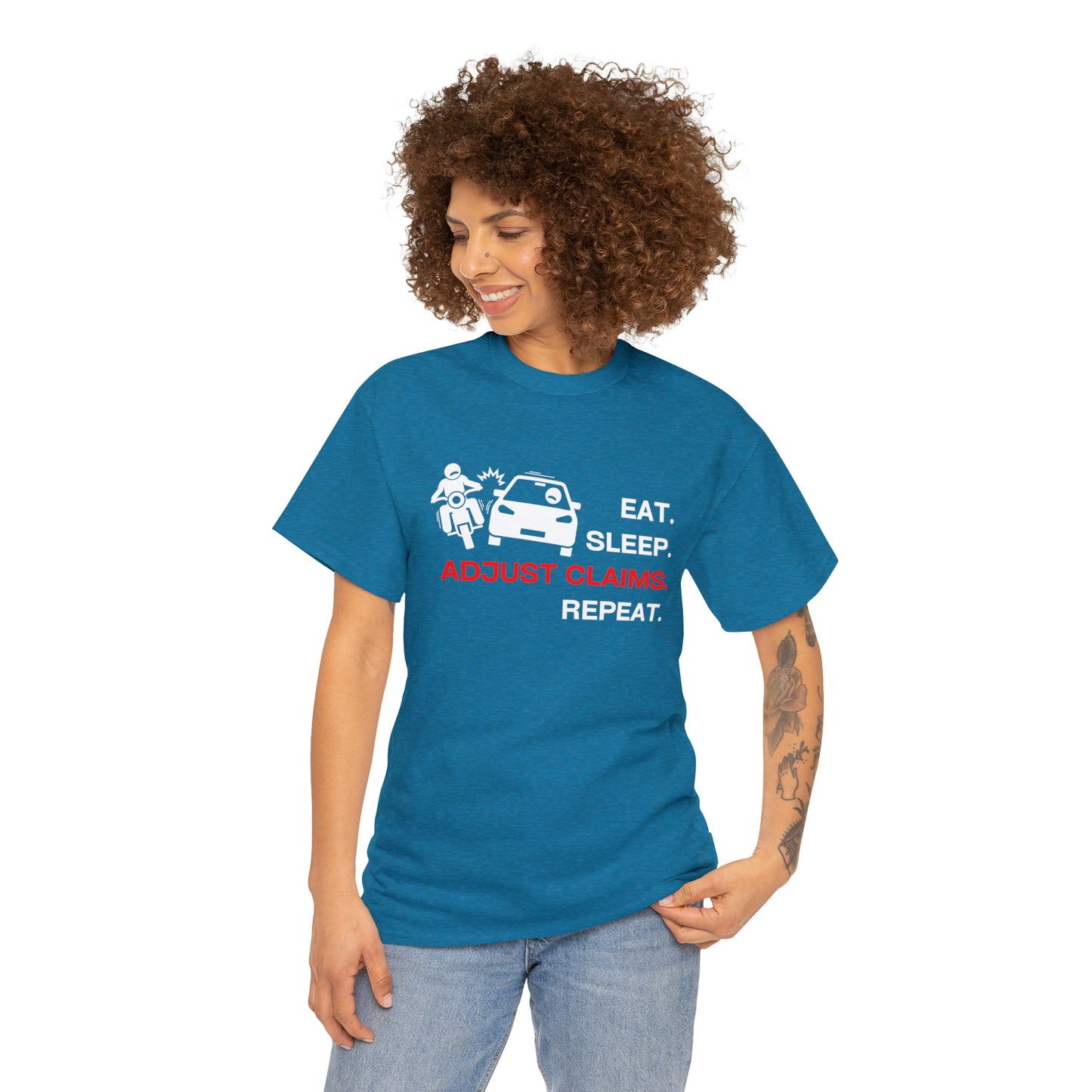 Claims Adjuster (Motorcyclist / Car / White) Unisex Heavy Cotton Tee