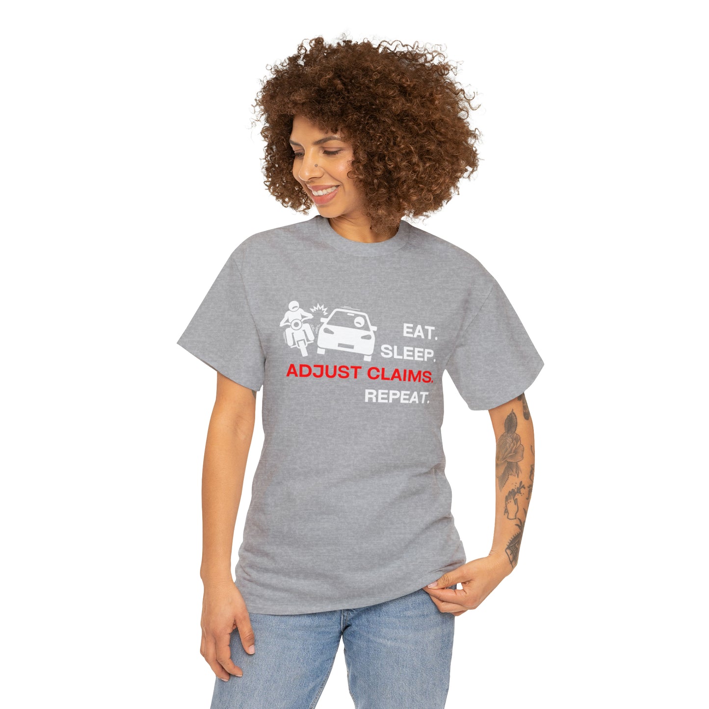 Claims Adjuster (Motorcyclist / Car / White) Unisex Heavy Cotton Tee