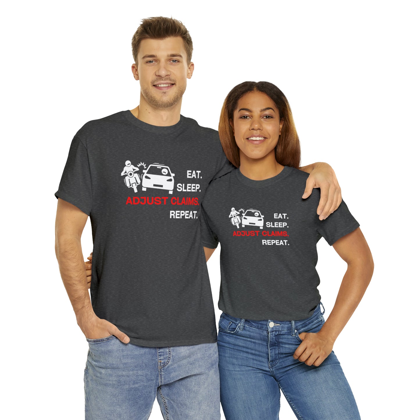 Claims Adjuster (Motorcyclist / Car / White) Unisex Heavy Cotton Tee
